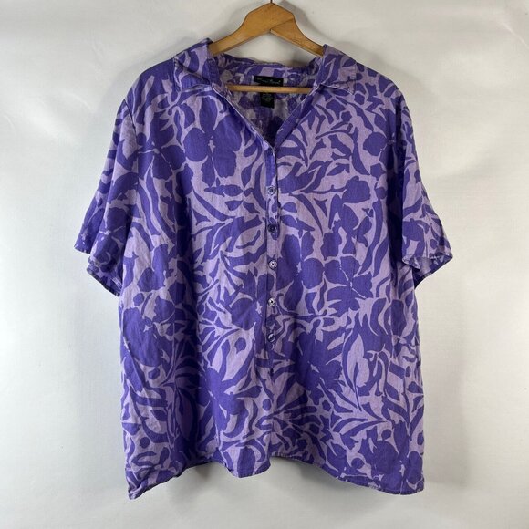 Maggie Barnes Womens Linen Button Up Shirt Size 3X Purple Floral Short Sleeve - Picture 2 of 8